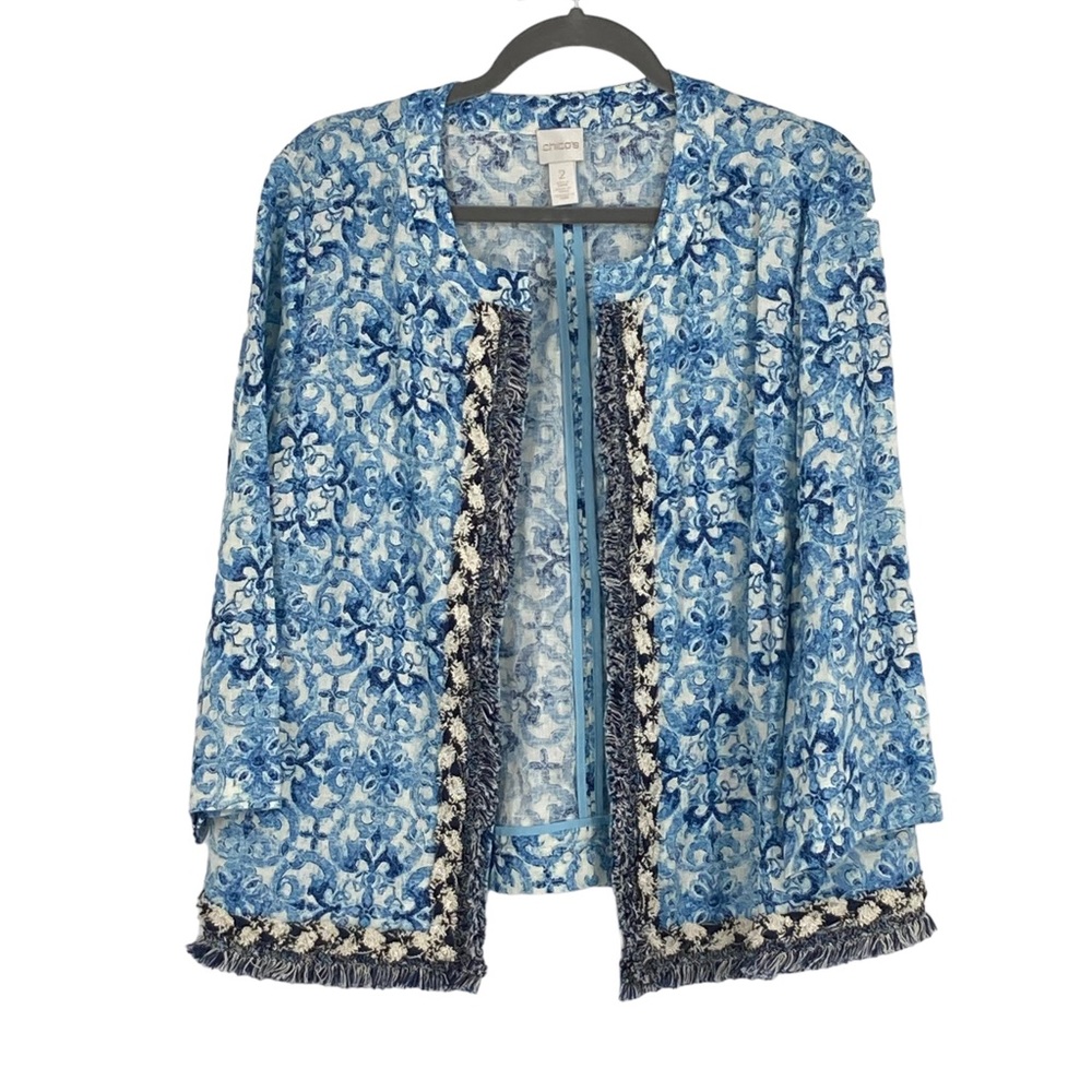 *Chico’s Size 2 (Regular 12) Blue/Cream Printed Linen Jacket w Fringe Detailing